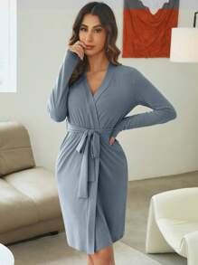 Women's Casual Blue Belted Thigh Length Robe With Regular Sleeves And Medium Stretch Fabric Cozy And Elegant, For Fall & Winter Outfit - Blue - View 5
