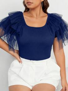 Celure 大碼網紗拼接荷葉邊T恤 - 藍色 - 查看 3