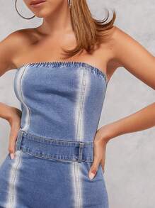 SHEIN Unity Tube Bodycon Stripe Seam Denim Dress - Medium Wash - View 3