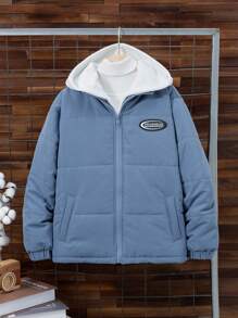 SHEIN Tween Boy 拉链贴片细节连帽棉服外套（不含毛衣） - 霧霾藍 - 查看 1