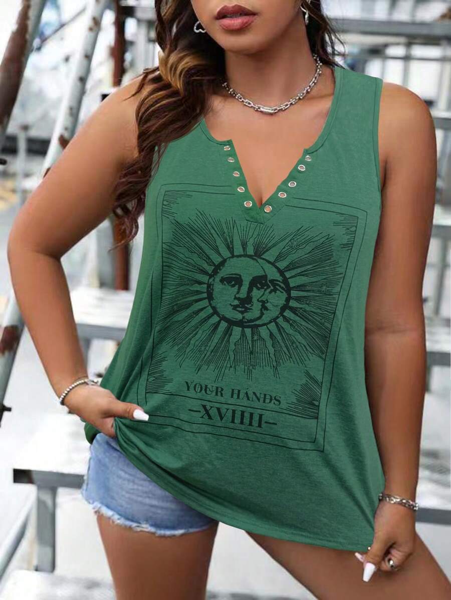 SHEIN LUNE 大碼日月圖案金屬氣眼缺口領背心上衣 - 青碧色 - 查看 1