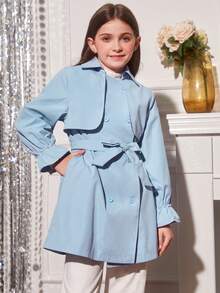 SHEIN Tween Girl 1pc Double Breasted Belted Trench Coat - Baby Blue - View 4