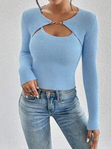 SHEIN Essnce 鏈條細節條紋針織女式緊身短套衫套頭毛衣&針織上衣 - 藍色 - 查看 3