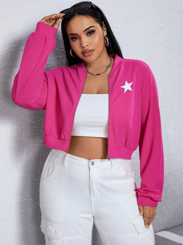 SHEIN EZwear Talla grande Cazadora tipo bomber con estampado de estrella con cremallera - Rosa Fucsia - Ver 3