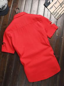 Manfinity Homme Men Ripped Flap Pocket Denim Shirt Without Tee - Red - View 2