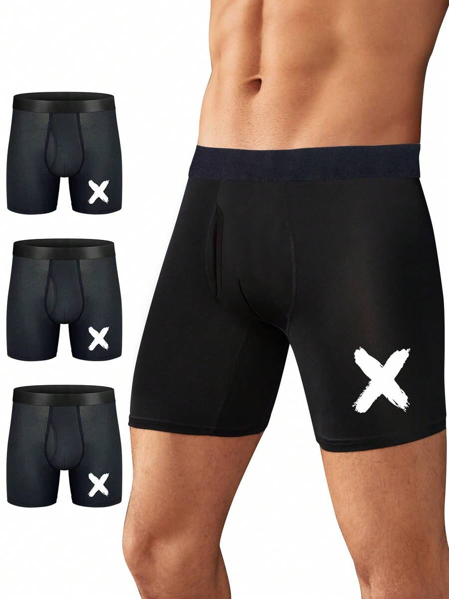 男士3入組字母圖案平角內褲 - 黑色 - 查看 1