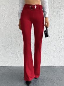 EURMUSE Solid Flare Leg Trousers With Belt - Red - View 3