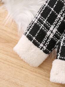 SHEIN 女小童格紋圖案雙口袋花呢外套&包 - 黑與白 - 查看 3