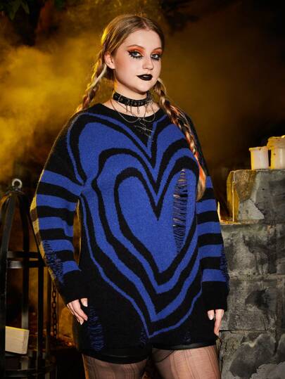 Plus Heart Pattern Drop Shoulder Ripped Sweater