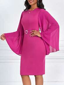 SHEIN Lady Flare Sleeve Split Back Solid Dress - Hot Pink - View 4
