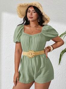 SHEIN VCAY Plus Scoop Neck Puff Sleeve Romper Without Belt - Mint Green - View 5