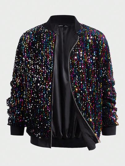 AKNOTIC Business Casual Men Fashion Zip Up Sequin Bomber Jacket, Party Fashion Black Long Sleeve Baseball Sequin Jacket, For Friends, Husband, Boyfriend Gifts, For Fall, Winter
