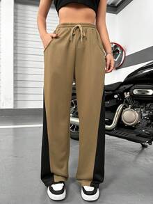 SHEIN Unity Colourblock Drawstring Waist Joggers - Coffee Brown - View 3