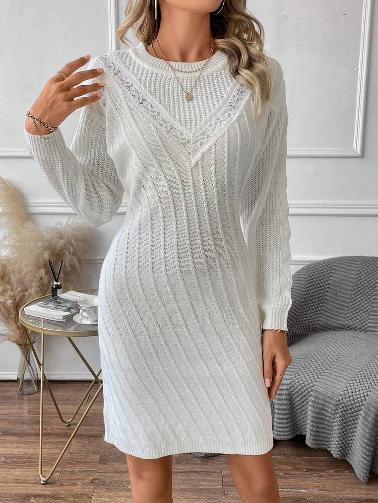 Guipure Lace Trim Drop Shoulder Sweater Dress