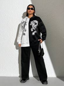 SHEIN EZwear 加大码中国龙印花双色落肩抽绳卫衣 - 黑與白 - 查看 5