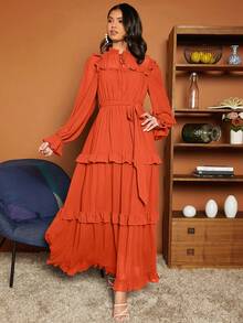 SHEIN VCAY Cà vạt Viền Ruffle Váy có thắt lưng - trái cam - Xem 5