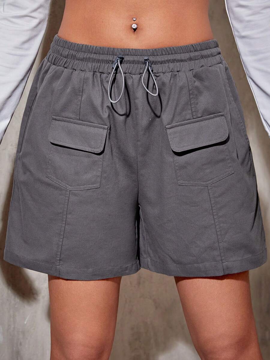 SHEIN EZwear Túi có nắp Eo dây rút Quần short - Màu xám đen - Xem 1