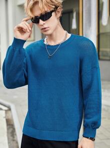 Manfinity RebelGame 男士素色落肩袖套頭毛衣 - 藍色 - 查看 1