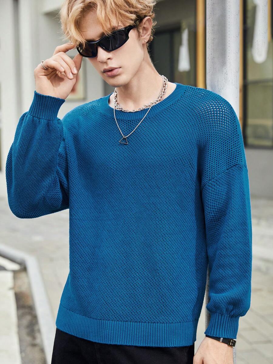 Manfinity RebelGame 男士素色落肩袖套頭毛衣 - 藍色 - 查看 1