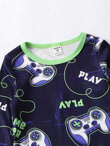 Chàng trai trẻ Điều khiển tay cầm & Đồ họa Chữ cái Vừa Khít Bộ PJ - Xanh đậm - Xem 4