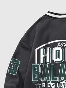 ROMWE MEN Prep 男士信件圖形條紋修飾保暖衬里衛衣 - 深灰色 - 查看 3