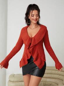 SHEIN Privé Viền Ruffle Tay áo loe Nút phía trước Áo len Mở - Rỉ Nâu - Xem 4