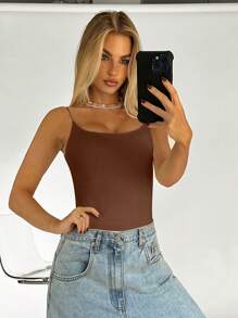 SHEIN EZwear Solid Crisscross Backless Cami Top, Going Out Top - Brown - View 3