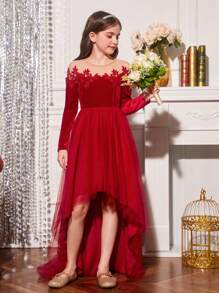 SHEIN 女大童網紗拼接高低下擺派對禮服適用於聖誕 - 紅色 - 查看 4