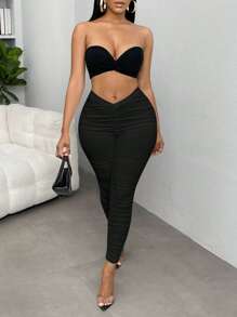 SHEIN SXY 净色褶饰紧身裤 - 黑色 - 查看 5