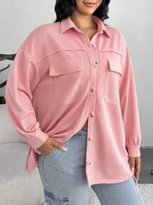 SHEIN Qutie Plus Flap Pocket Drop Shoulder Coat - Baby Pink - View 6