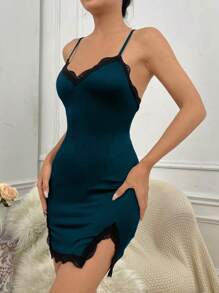 Contrast Lace Split Hem Cami Pajama Nightdress - Teal Blue - View 3