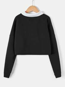 RueChic Teen Girl Contrast Collar Drop Shoulder Pullover - Black - View 2
