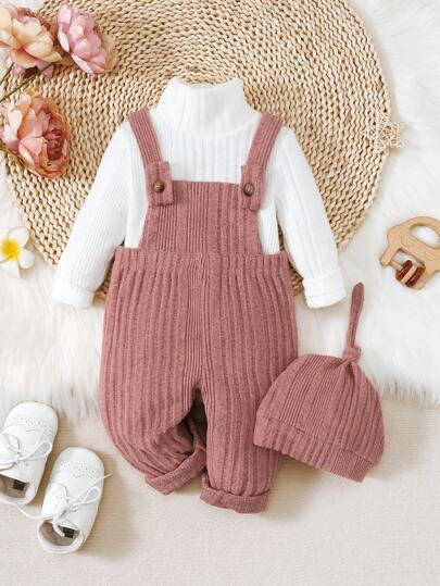 SHEIN Vintaside Kids Baby Girl Mock Neck Tee & Overall Jumpsuit & Hat