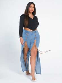 SHEIN SXY Plus Lace Up Front Flare Leg Jeans - Light Wash - View 3
