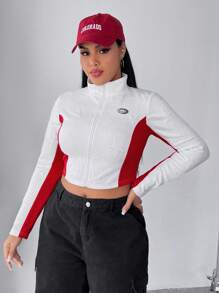 SHEIN EZwear Hơn Chi tiết Patched thư Khối màu Dây kéo Áo Jacket Crop - trắng - Xem 1