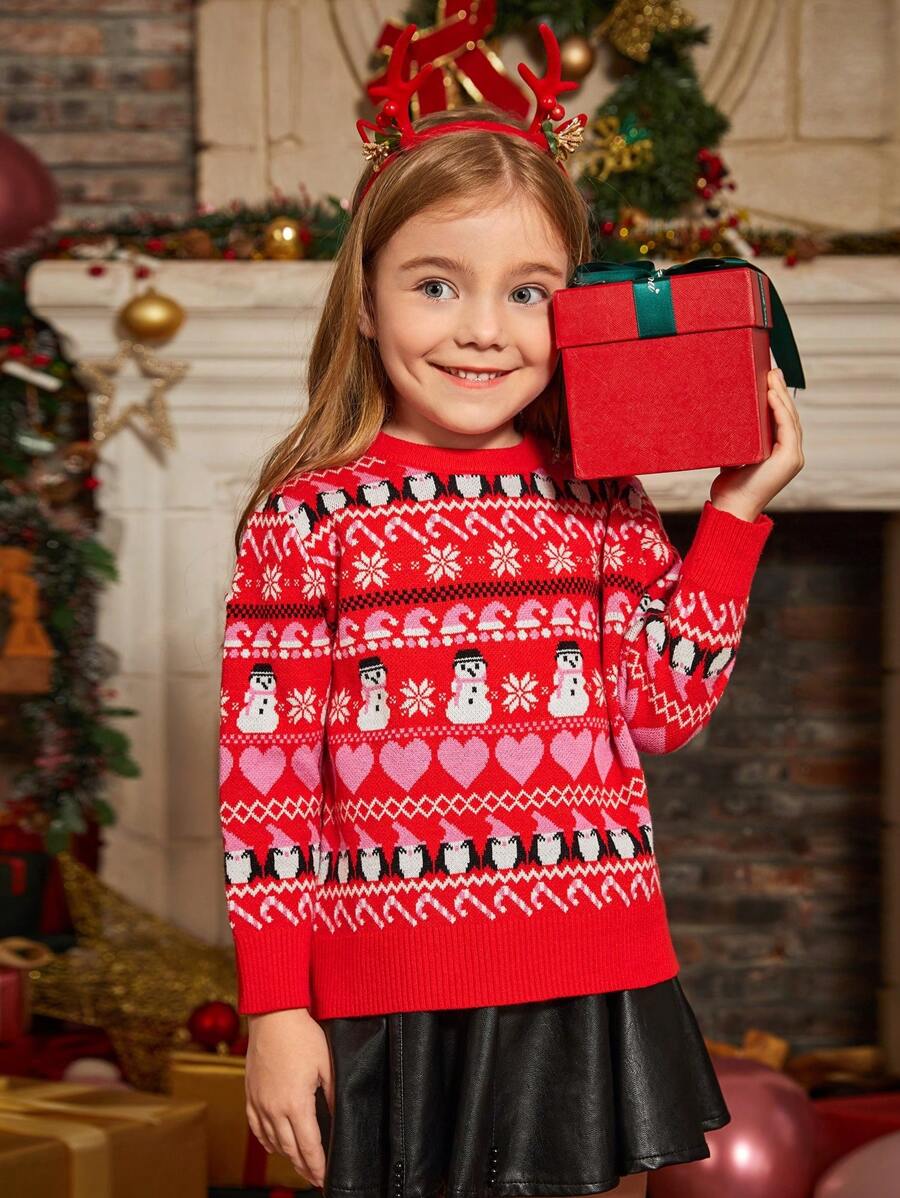 SHEIN Young Girl Christmas Pattern Sweater - Red - View 1