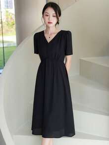 Solid V Neck Puff Sleeve Dress - Black - View 7