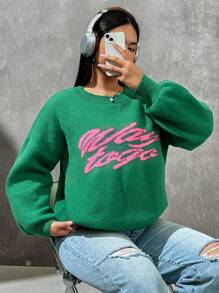SHEIN EZwear 大碼字母圖案落肩袖套頭毛衣 - 綠色 - 查看 3