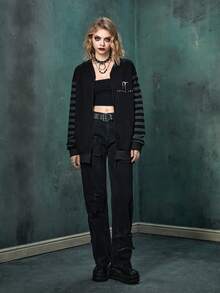 IT Chapter Two | ROMWE 條紋和字母圖案拉鏈連帽衫 - 黑色 - 查看 6