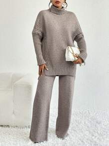 Firerie 高領落肩袖下擺開叉套頭毛衣和針織褲 - 灰色 - 查看 5