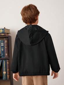 SHEIN Tween Boy Waterproof Fabric Letter Print Zipper Hooded Jacketsuitable For Autumn And Winter - Black - View 4