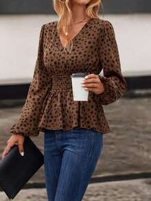SHEIN Clasi Dalmatian Print Lantern Sleeve Peplum Blouse - Brown - View 5