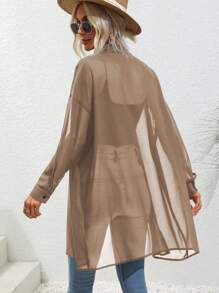 SHEIN LUNE Drop Shoulder Button Front Sheer Shirt Fall Cloth For Women - Khaki - View 2