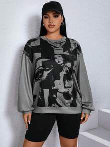 SHEIN EZwear 大碼人像圖案落肩袖運動衫 - 灰色 - 查看 1