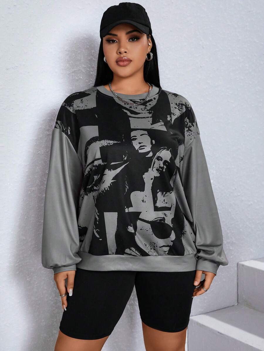 SHEIN EZwear 大碼人像圖案落肩袖運動衫 - 灰色 - 查看 1