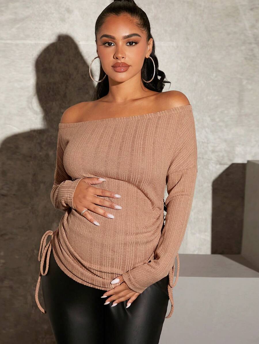 MaterniChic Maternity Off Shoulder Drawstring Side Tee With Long Sleeve - Apricot - View 1