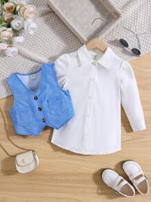 SHEIN Young Girl Puff Sleeve Shirt & Button Front Vest - Multicolor - View 1