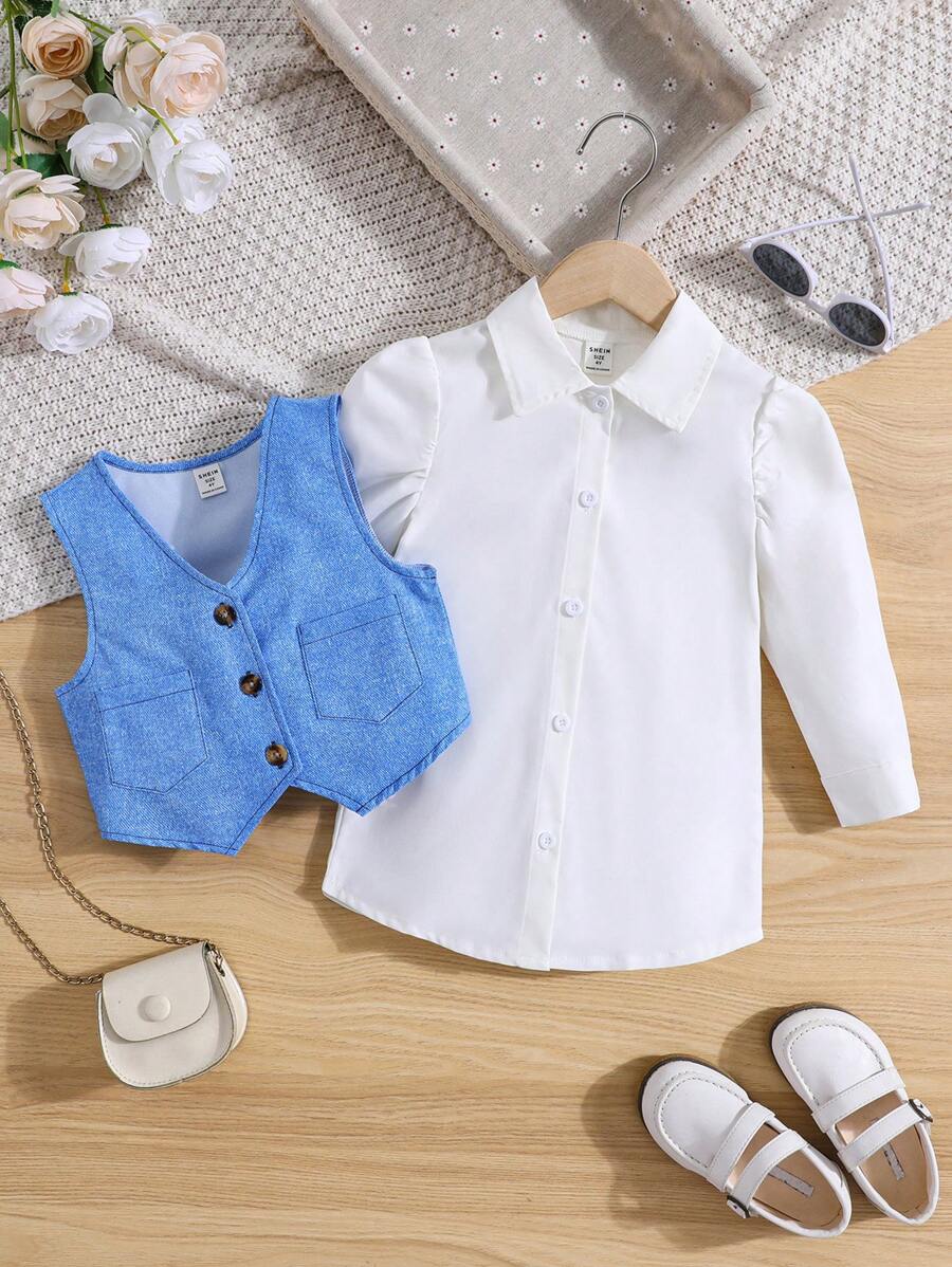 SHEIN Young Girl Puff Sleeve Shirt & Button Front Vest - Multicolor - View 1