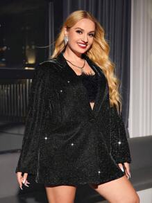 SHEIN Privé 大碼西裝領金屬亮絲西裝外套 - 黑色 - 查看 5