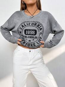 SHEIN EZwear Mẫu chữ Thả vai Áo len - Màu xám đen - Xem 5